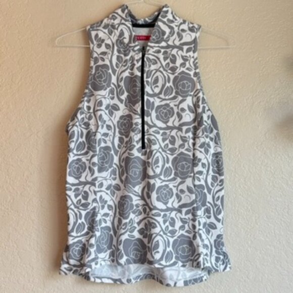 TERRY Tops - Terry Sleeveless Floral Active Top – Gray & White, Half Zip, Size XL